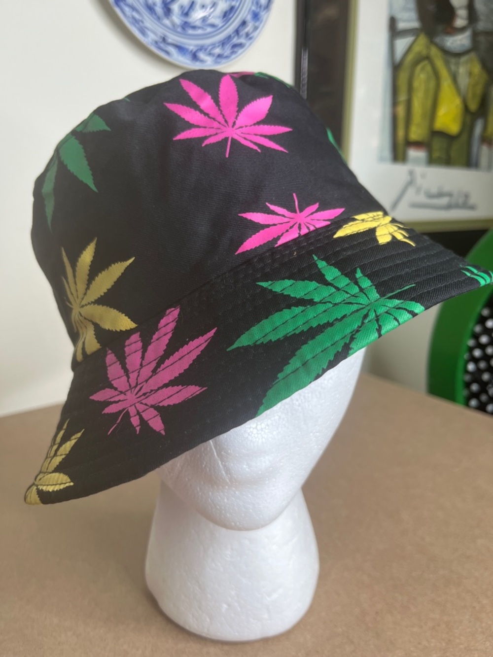 Black Bucket Hat with Leaf Print Unisex